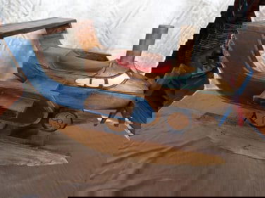 Vintage polychrome airplane shaped wood rocker