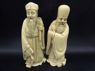 Lot of 2 old Chinese deity Shou Lao and Confucius figurines signed