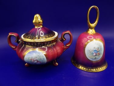 Lot of 2 Bavaria style hand painted gold gilt porcelain lidded sugar bowl and porcelain bell