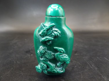 antique Chinese malachite carved snuff bottle with crane prunes blossom