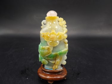 antique Chinese jadeite jade carved snuff bottle with custom wood base