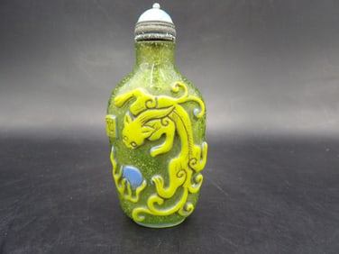 Chinese antique glass snuff bottle with overlay Chilong
