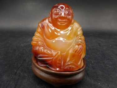 Chinese antique carnelian carved buddha statue on custom wood base