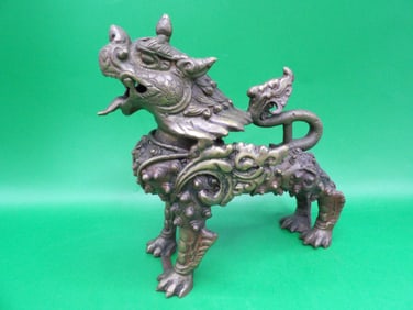 antique Nepalese bronze guardian lion sculpture
