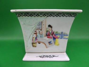 antique Chinese hand painted porcelain planter with porcelain stand