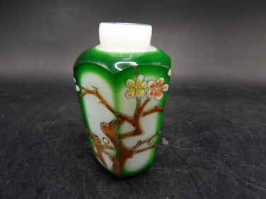 Chinese hexagon shaped glass snuff bottle with hand painted flowers and tree