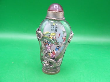 Chinese reverse inside hand painted glass snuff bottle with Chinese silver filigree details signed