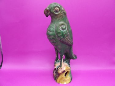 antique Qing dynasty Chinese green glazed porcelain parrot statue