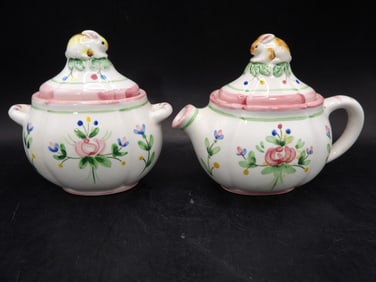 lot of 2 Haldon Group imported porcelain teapot and sugar bowl with bunny lids