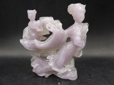 amazing Chinese fluorite carved Kwan Yin and attendant group statue