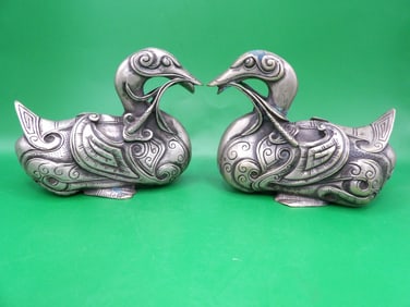 lot of 2 Chinese silvered bronze auspicious mandarin duck statues