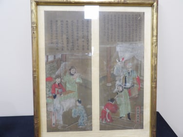 early Qing dynasty antique Chinese framed 2 gouache painting scrolls with calligraphy