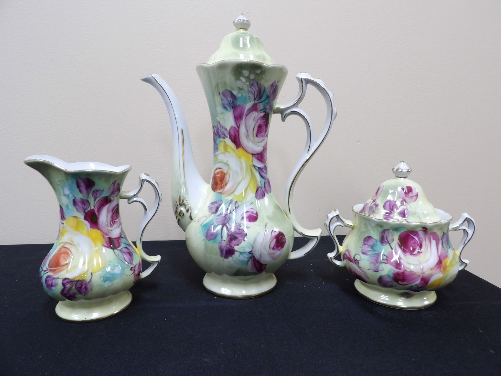 French Limoges porcelain tea set teapot creamer and sugar bowl with floral deco lot of 3 (1 of 9)