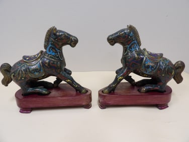 lot of 2 antique Chinese cloisonne horse statues on wooden bases