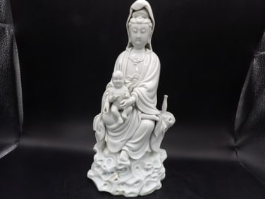 very rare Chinese antique Dehua porcelain Kwan Yin statue with famous "Fisherman" seal mark