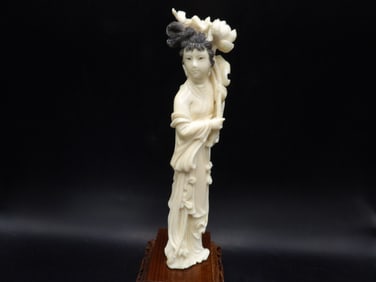 very fine Asian carved female figurine holding lotus on custom wood base - No Export