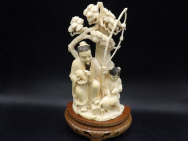 rare fine antique Asian group carving of man boy and 2 goats on custom wood base - No Export