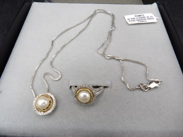 lot of 2 silver diamond and 14k gold pearl necklace and ring
