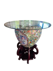 Chinese famille rose large pot made table with glass top signed Qing dynasty Qianlong