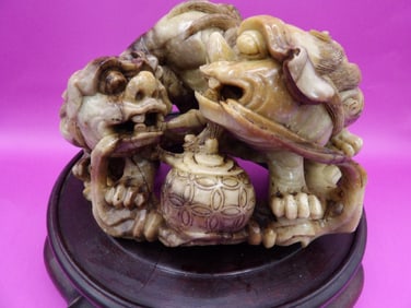 Chinese shoushan stone double guardian lion statue on wooden base fine carving