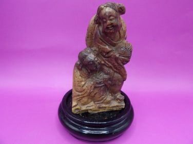 Chinese antique stone carved He-He 2 immortals statue adhered on wooden base