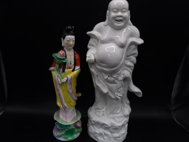lot of 2 Chinese porcelain Kwan Yin and laughing buddha figurines