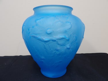 Tiffin sky blue satin glass poppy floral vase rare 1920s