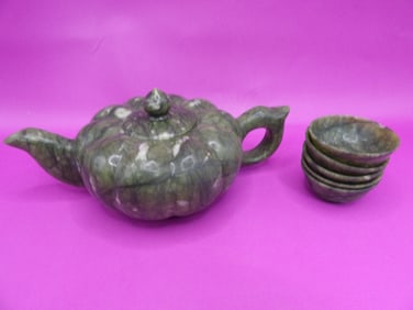 Chinese spinach jade carved teapot and 5 teacups lot of 6