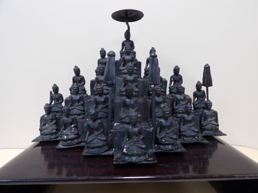 Very rare Javanese temple large bronze sculpture depicting 23 seating buddha