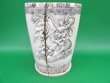 Antique Chinese fine carved Quilin brush holder with Ming dynasty mark - No Export