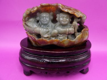 Chinese fine jade boulder carving adhered to custom wood base