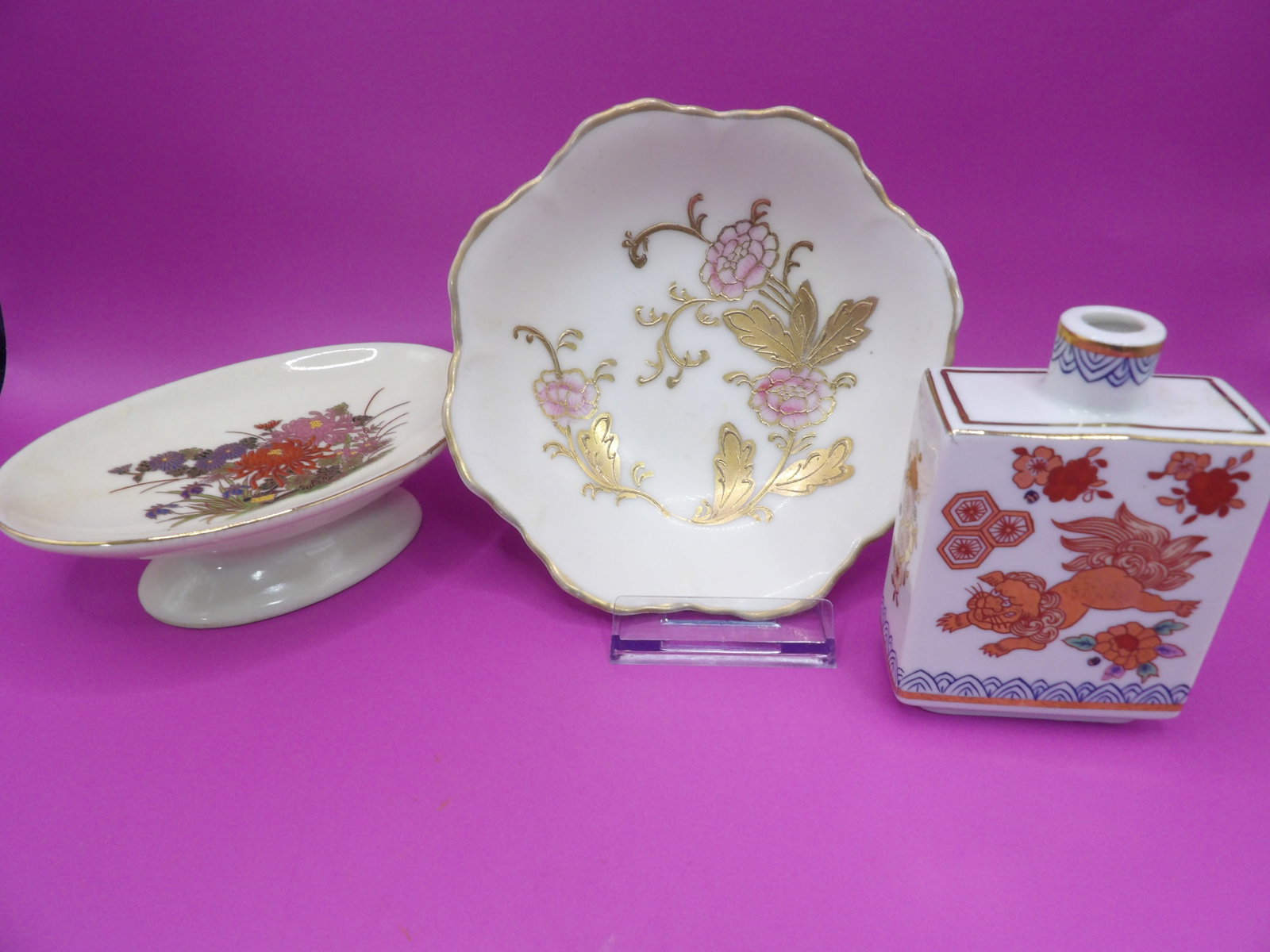 Lot of 3 vintage porcelain items: Shallow bowl is 5.5 inches diameter. Two were signed.