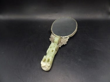 Antique Chinese repousse phoenix mirror with jade dragon belt hook handle
