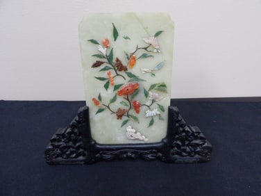 Chinese antique jade table screen with ornate wooden base