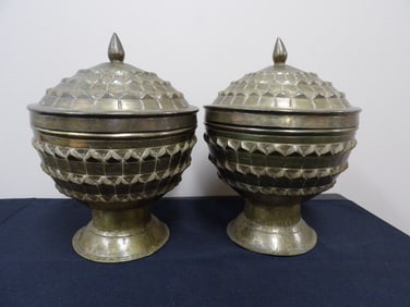 Lot of 2 antique ornate Asian lidded brass containers
