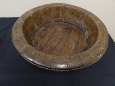Antique Chinese braided iron banded wooden grain large bowl