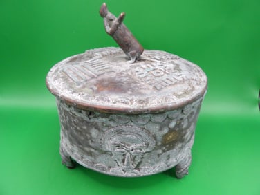 unusual antique bronze lidded container with face motif