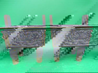 Lot of 2 Chinese brass/bronze dragon incense burner signed