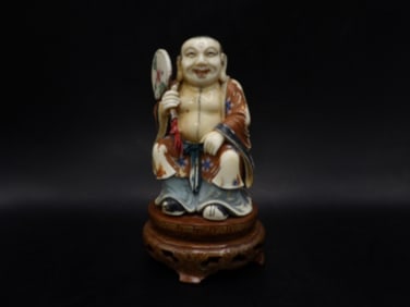 Japanese polychrome hand painted fine carved figurine with wooden base - No Export