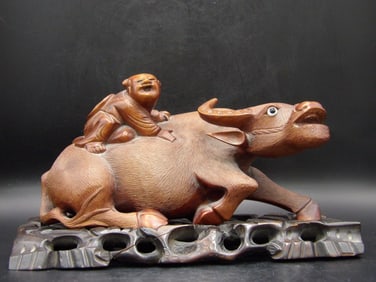 Chinese carved Boy Riding Water Buffalo statue custom ornate base 9 inches length