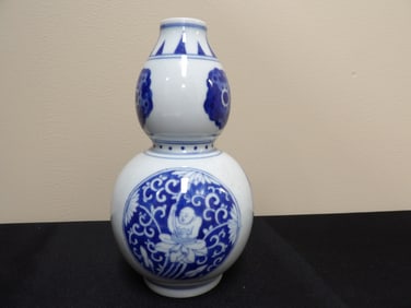 Chinese Blue And White Porcelain Gourd Vase Boy Holding Lotus Kangxi Double Circle Mark