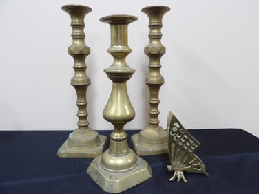 Vintage 3 Brass Candle Holders and Brass Butterfly