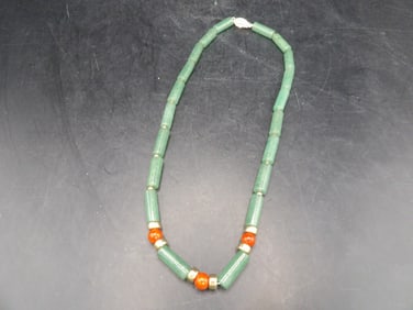 Chinese jade and coral necklace with gold filled spacer and clasp