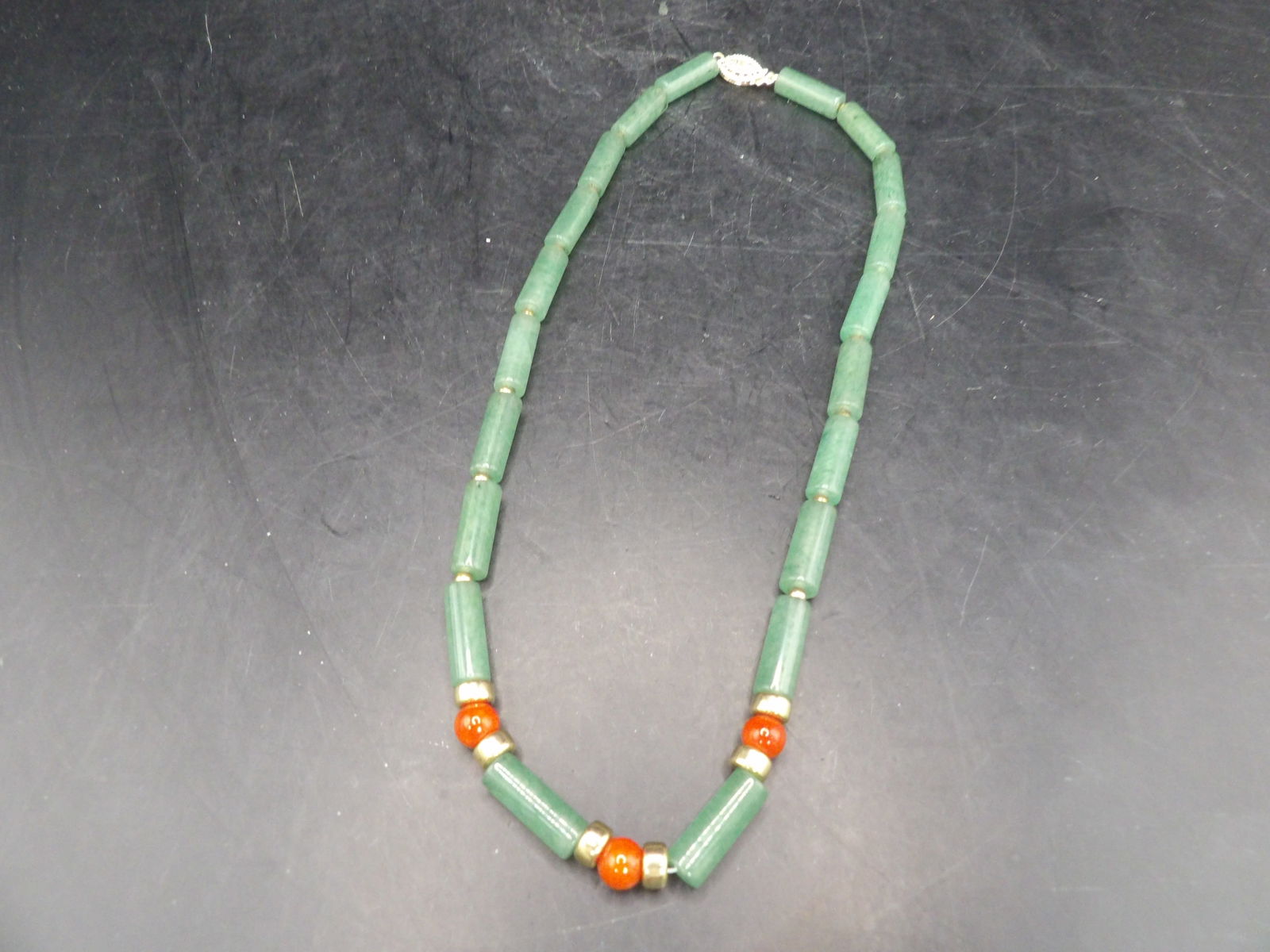 Chinese jade and coral necklace with gold filled spacer and clasp: 16 inches length.