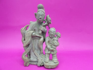 antique Chinese turquoise woman and boy carving statue