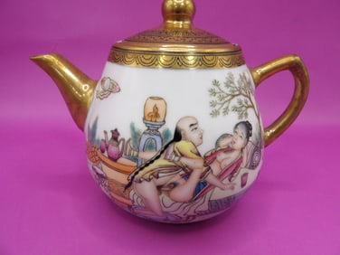 Chinese gold gilt porcelain teapot with Qing dynasty Qianlong mark erotica scene Chinese calligraphy