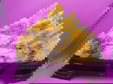 Chinese large heavy jade carving of houses trees mountains village scene with wooden base