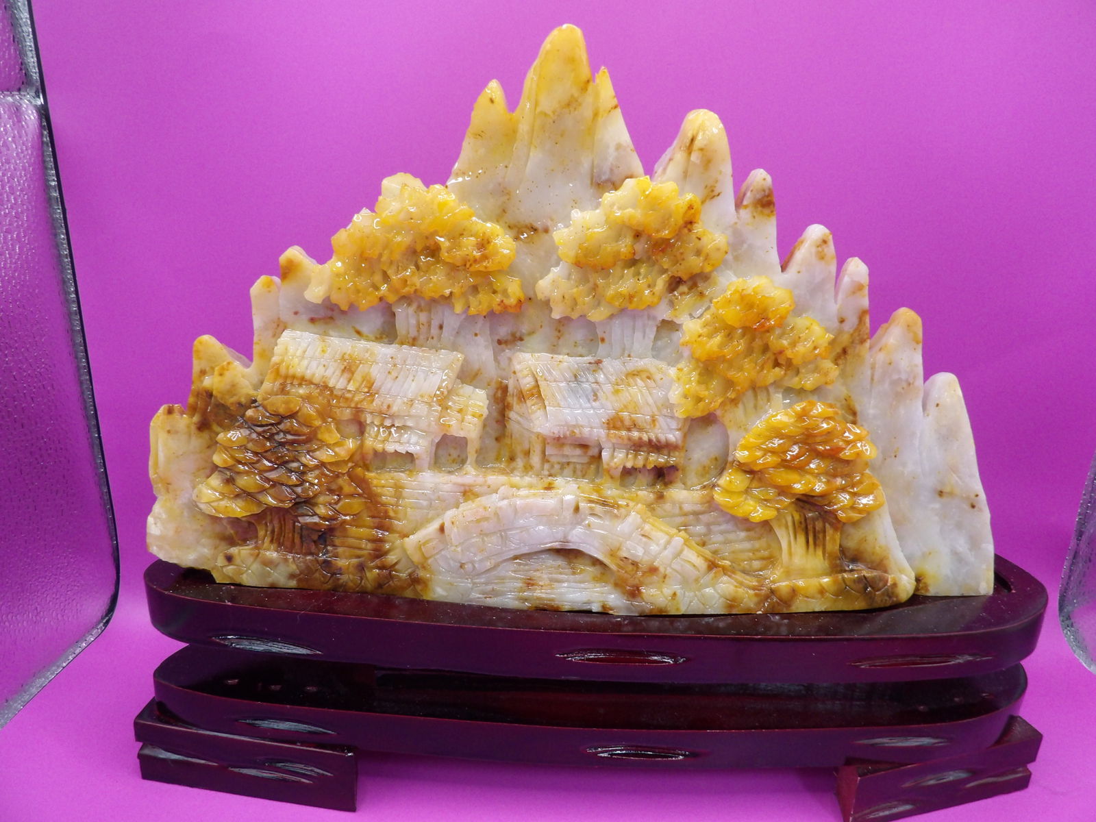 Chinese large heavy jade carving of houses trees mountains village scene with wooden base (1 of 6)