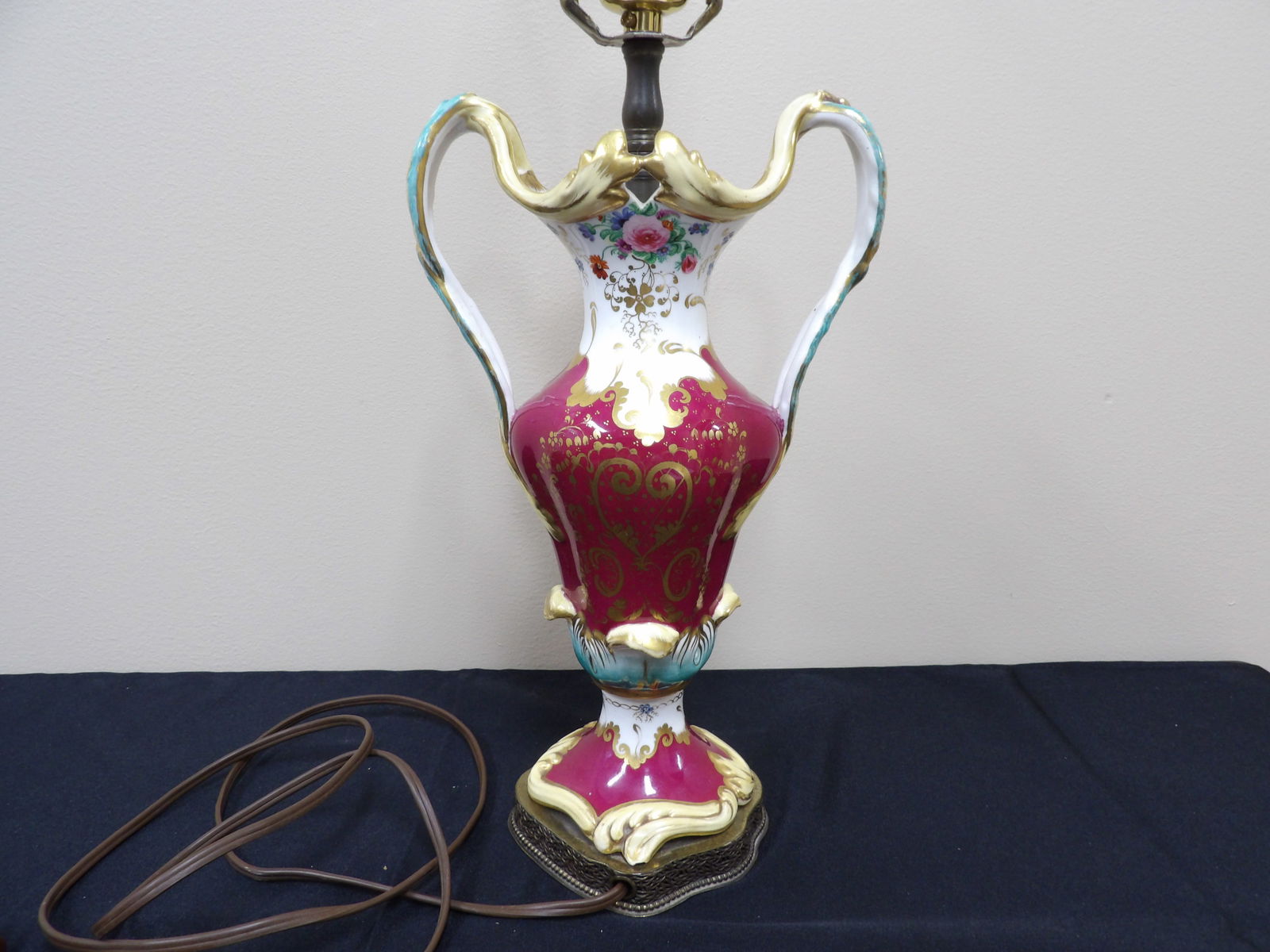 Ornate gold gilt hand painted European porcelain lamp: 23.5 inches height.