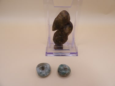 Lot of 3 antique pre-columbian jade spools and jade figurine